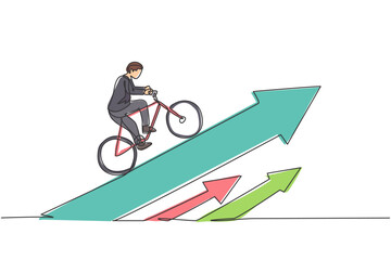 Poster - continuous one line drawing young male worker climb the arrow sign up riding bicycle. success busine