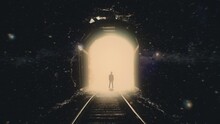 Train Tunnel Man Space Portal Zoom In. Silhouette Of A Man Standing In The Light Of A Train Tunnel Portal In Space, Zoom In. Surreal Scene