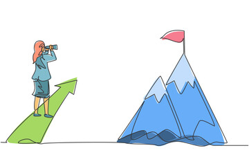 Poster - single one line drawing of young smart businesswoman looking goal target at top of the mount. busine