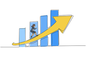 Poster - continuous one line drawing young female entrepreneur running fast at increasing arrow symbol. succe