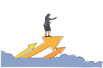 Poster - Single one line drawing of young smart businesswoman ride arrow up symbol and fly through the cloud. Business growth minimal concept. Modern continuous line draw design graphic vector illustration