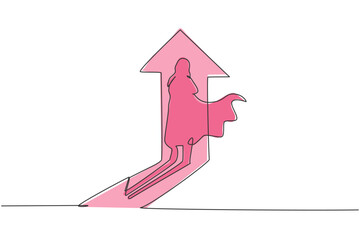 Poster - Single one line drawing of female superhero shadow on the wall with arrow up direction symbol. Business finance growth minimal concept. Modern continuous line draw design graphic vector illustration