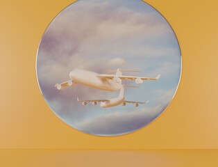 Wall Mural - A plane flying out of a mirror with a reflection of the sky. Concept of traveling by plane, traveling the world. 3d render, 3d illustration