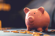 © Rmcarvalhobsb - Um cofrinho sobre um sofá azul com moedas espalhadas. Conceitos de finanças do lar e economia.