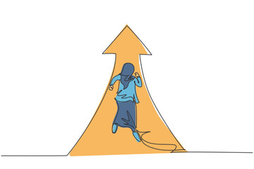 Poster - single one line drawing young smart arab business woman running fast om arrow up symbol to reach goa