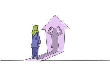 Poster - single one line drawing young smart arab business woman facing her muscular shadow on up arrow symbo