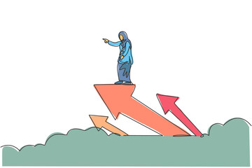 Poster - single continuous line drawing of young beauty arabian flying with arrow up symbol through sky. prof