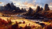Rocky Landscape At Sunrise Rough Ground Background 