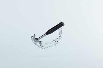 Poster - A hammer flying with a splash of water. Concept of using tools, renovation. 3D render, 3D illustration.
