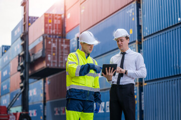 Poster - Engineer and inspector working and discuss in shipping container in Container Terminal.