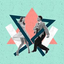 Contemporary Art Collage. Cheerful, Stylish, Young Couple Dancing Isolated On Abstract Colored Background With Geometric Shapes, Lines.