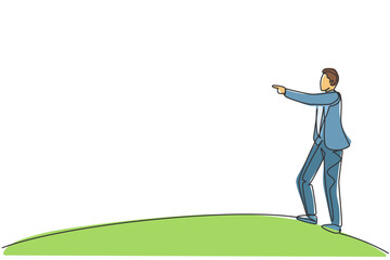 Poster - continuous one line drawing of young handsome male worker pointing finger to his colleague. success 