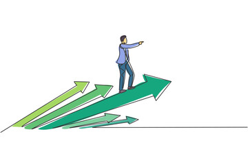 Poster - continuous one line drawing of young handsome male worker flying using rapid up arrows symbol. succe