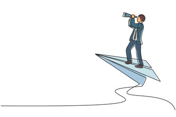 Poster - Single continuous line drawing young business man flying with paper airplane to analyze business growth. Professional businessman. Minimalism concept one line draw graphic design vector illustration