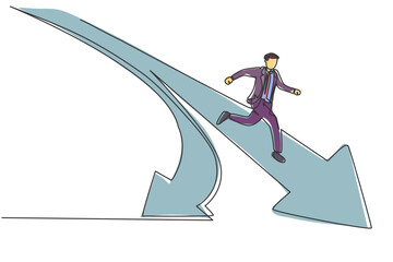 Poster - single continuous line drawing of young business man running into branch path forward arrow . profes