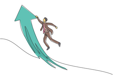 Poster - single continuous line drawing of young business man holding on the up arrow symbol. attractive prof