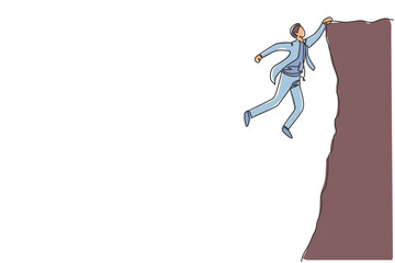 Poster - Continuous one line drawing of young struggling male worker holding on the edge of the cliff. Fighter business manager minimalist concept. Trendy single line draw design vector graphic illustration
