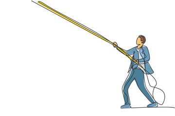 Poster - Single one line drawing of young smart male employee pull object on the sky using rope, metaphor. Hard worker manager minimal concept. Modern continuous line draw design graphic vector illustration