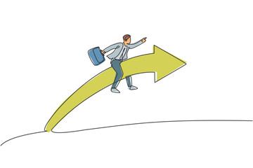 Poster - continuous one line drawing young handsome male worker riding forward arrow while hold briefcase. su