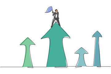 Poster - single one line drawing young hard worker businessman planted flag on top of up arrows symbol. busin