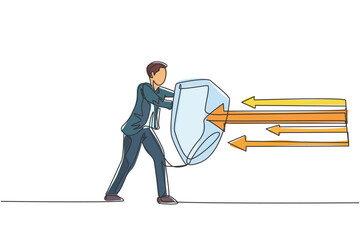 Poster - Continuous one line drawing of young handsome male worker holding arrows attack using shield. Success defensive strategy minimalist concept. Trendy single line draw design vector graphic illustration