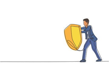 Poster - single one line drawing of young smart male employee holding metal shield to protect himself. busine