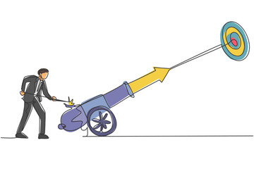Poster - single continuous line drawing of young business man flame the cannon ball wick to hit target. profe
