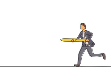 Poster - single one line drawing of young smart male employee running and holding spear to hit target. busine