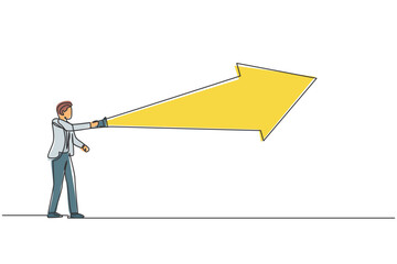 Poster - Continuous one line drawing of young handsome male worker flashlight forward to light the way. Success business manager minimalist concept. Trendy single line draw design vector graphic illustration
