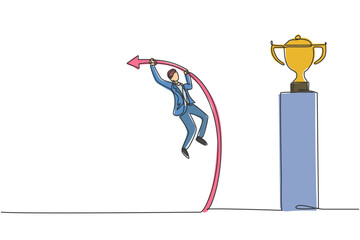 Poster - Continuous one line drawing young handsome male worker jumping using pole vault to reach trophy. Success business manager minimalist concept. Trendy single line draw design vector graphic illustration