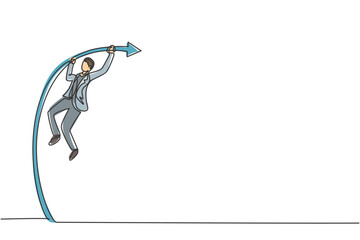 Poster - single continuous line drawing of young business man jumping high on pole vault arena. attractive pr