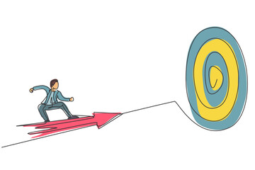 Poster - single one line drawing of young smart male employee fly using arrow and focus to hit target. busine