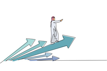 Poster - single continuous line drawing young arab businessman ride rapid up arrows symbol. smart strategy of