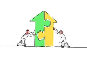 Poster - continuous one line drawing two young handsome arabian male workers pushing puzzle pieces to build a