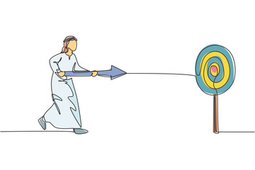Poster - single one line drawing young attractive arab male entrepreneur holding arrow spear to hit target. b