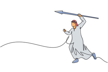 Poster - Single one line drawing of young attractive Arab male entrepreneur hit the business target using spear. Business goal minimal concept. Modern continuous line draw design graphic vector illustration