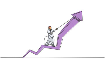 Poster - single one line drawing of young attractive male arabic entrepreneur pulling up arrow symbol using r