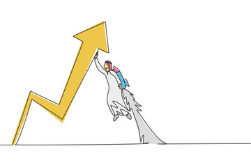 Poster - continuous one line drawing young handsome arabic male worker flying to rise up arrow symbol. succes