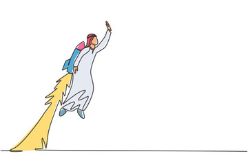 Poster - Continuous one line drawing young handsome Arab male worker flying high to the sky with jetpack. Success business manager minimalist concept. Trendy single line draw design vector graphic illustration