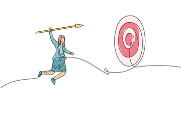 Poster - single one line drawing young smart business woman jumping high to hit target using arrow spear. bus