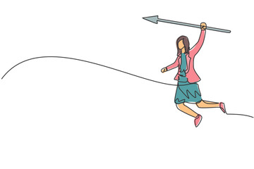 Poster - Continuous one line drawing of young female worker holding arrow spear to hit target. Success business manager minimalist concept. Trendy single line draw design vector graphic illustration