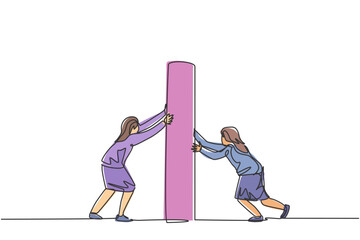 Poster - single one line drawing two young smart business women pushing wall together team building. business
