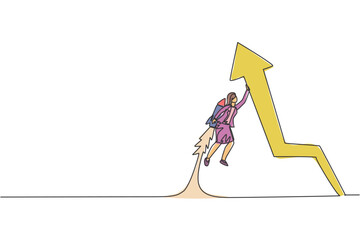 Poster - Continuous one line drawing of young female worker flying high using jetpack holding up arrow. Success business growth minimalist concept. Trendy single line draw design vector graphic illustration
