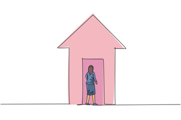Poster - Single continuous line drawing of young female manager enter up arrow symbol building. Professional businesswoman metaphor. Minimalism concept dynamic one line draw graphic design vector illustration