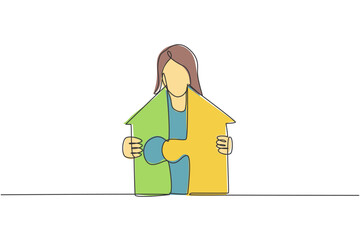 Poster - Continuous one line drawing of young female worker build puzzle arrow into arrow house building. Success business manager minimalist concept. Trendy single line draw design vector graphic illustration