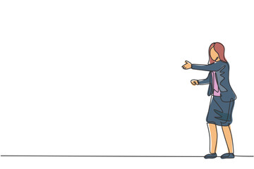 Poster - single continuous line drawing of young female manager giving handshake gesture. professional busine