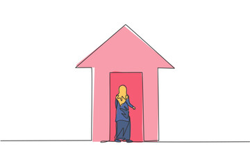 Poster - single one line drawing of young arabian businesswoman enter the up arrow building. business financi