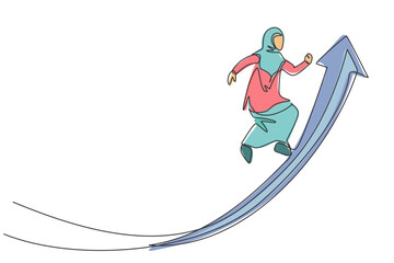 Poster - continuous one line drawing of young arabic female worker jumping high on up arrow symbol. success b