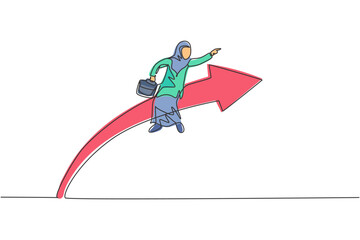 Poster - continuous one line drawing of young arabic female worker sitting on arrow symbol and flying. succes