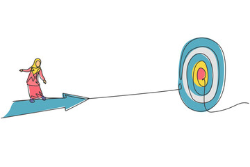 Poster - single one line drawing young arabian businesswoman riding forward arrow to hit goal target. busines